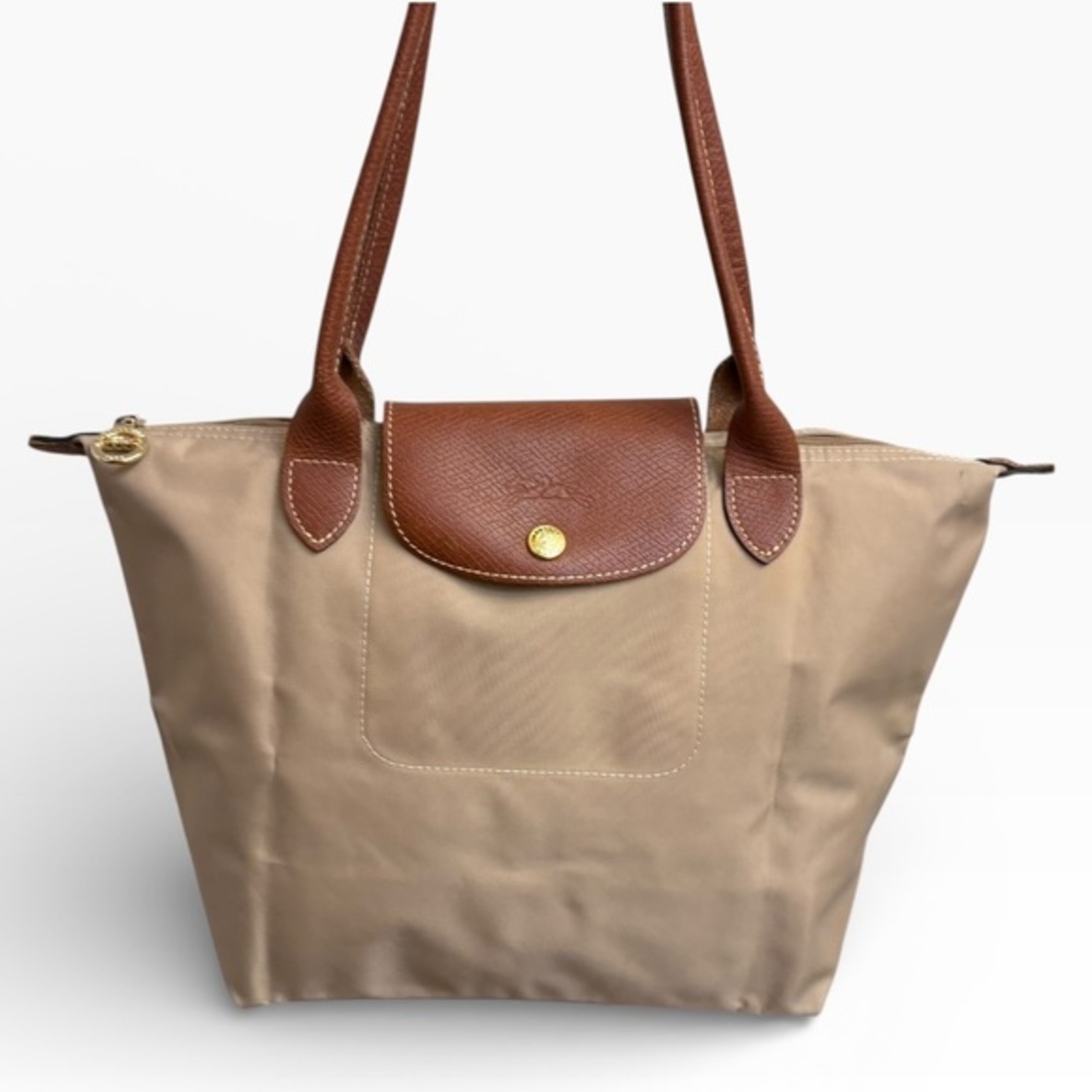 Longchamp le pliage tan/khaki and brown foldable nylon/leather tote bag